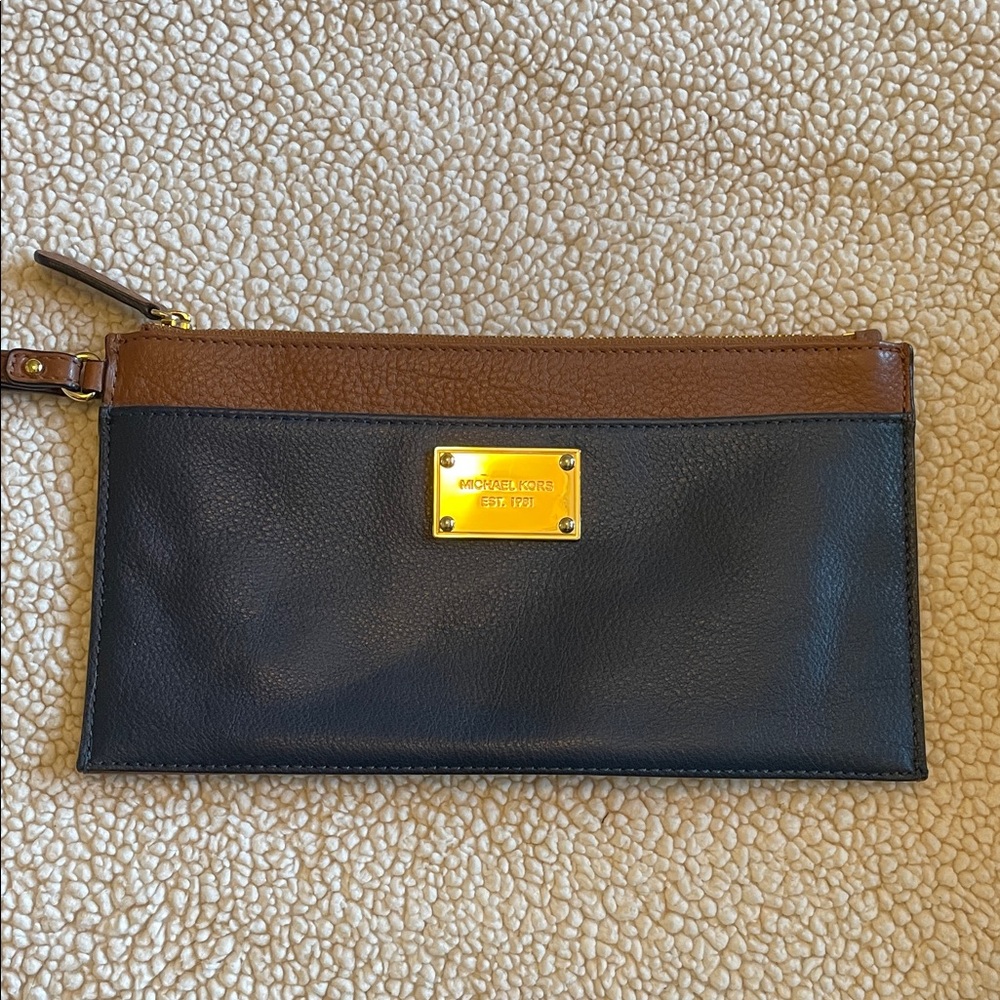 Michael Kors Blue and Tan Clutch Bag Pouch/Wristlet